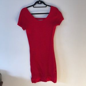 Red ribbed bodycon sweater dress with scoop back